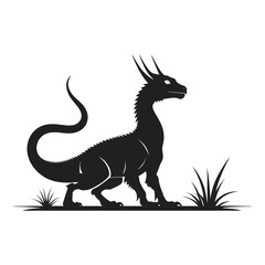 A striking silhouette of a basilisk dragon, viewed in profile, stands amidst a field of tall grass.