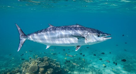 Fototapeta premium Majestic Wahoo Fish Gliding Through Vibrant Coral Reef Ecosystem