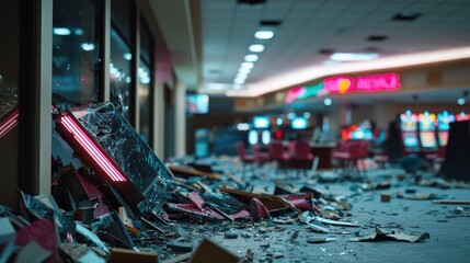 Damaged casino interior, broken slot machines, aftermath