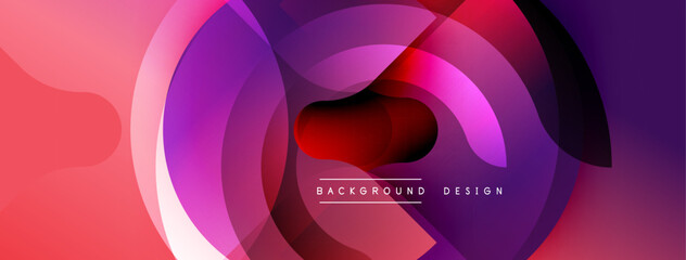Abstract composition featuring overlapping circles. Gradient colors transition from pinks, purples, to deep reds. Modern design evokes dynamic movement, visual depth.