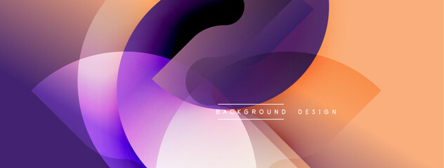 Abstract background features overlapping translucent shapes. Gradient colors blend purple, orange, white creating dynamic visual effect. Modern design element.