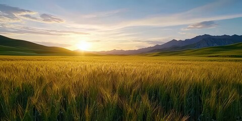 Obraz premium Golden wheat field basking in the warm glow of sunset against distant mountains.