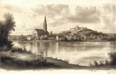 Landscape Engraving of Bavarian Town by Isar River with Church Steeple and Hills