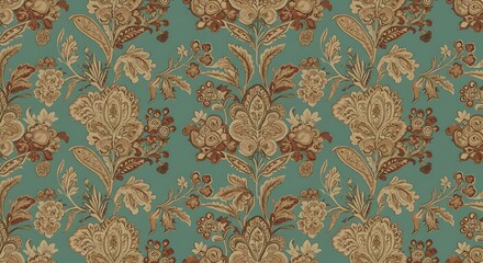 Fototapeta premium Teal & Gold Floral Damask Pattern: Elegant Textile Design AI Generated
