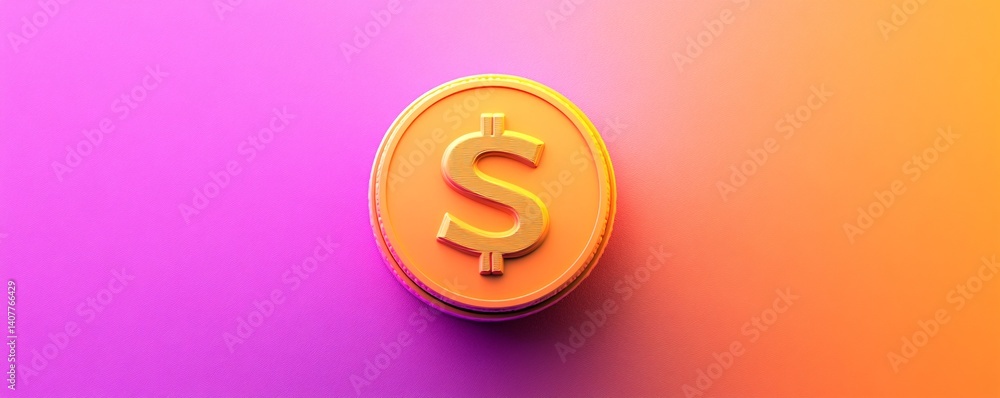 Poster Golden dollar coin shining on gradient background representing wealth and finance