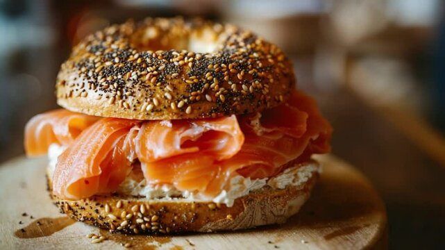 Close-Up of Smoked Salmon Bagel with Cream Cheese and Seeds