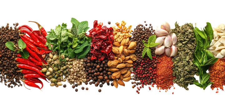 Culinary Collection: A vibrant array of fresh herbs, seeds and spices showcases the rich flavors and enticing aromas of global cuisine, a feast for the senses.