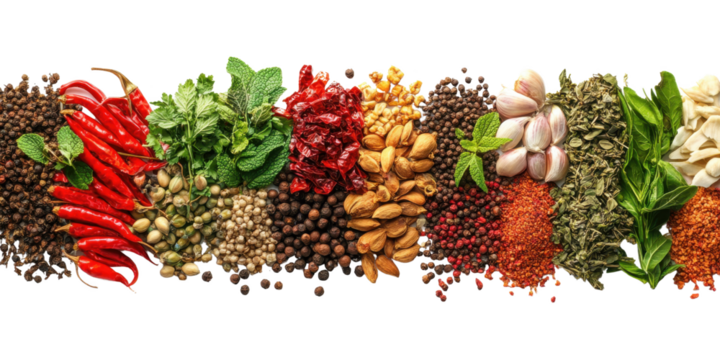 Culinary Collection: A vibrant array of fresh herbs, seeds and spices showcases the rich flavors and enticing aromas of global cuisine, a feast for the senses.