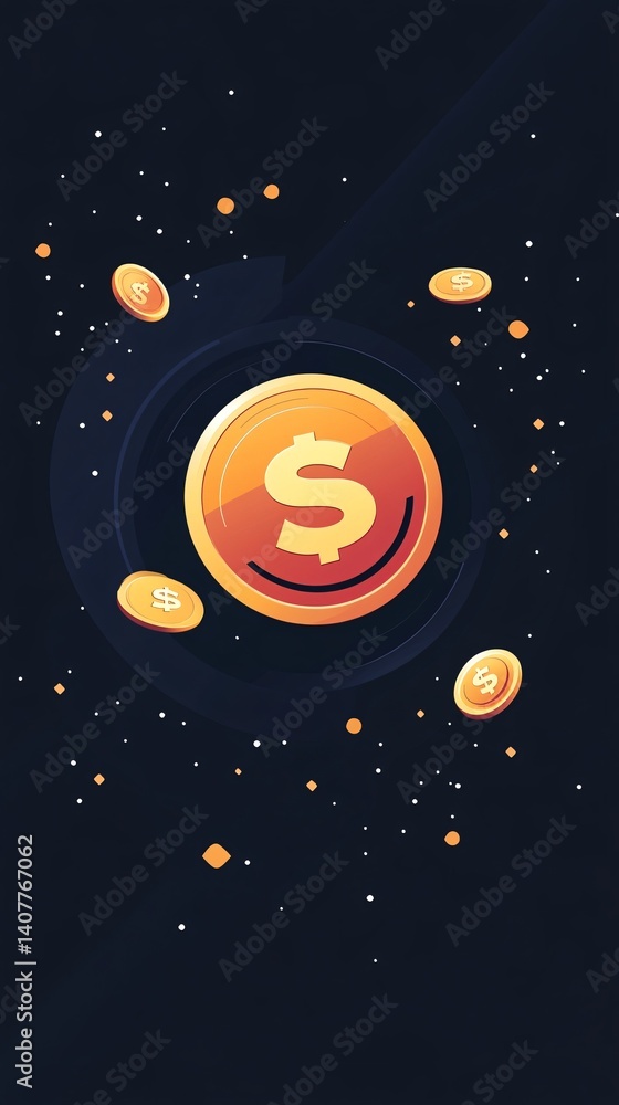 Poster golden coins rotating in space representing digital currency and investment