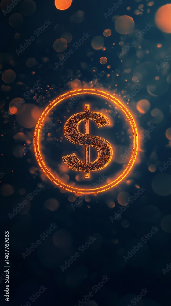 Poster glowing dollar sign representing wealth and prosperity on a dark background