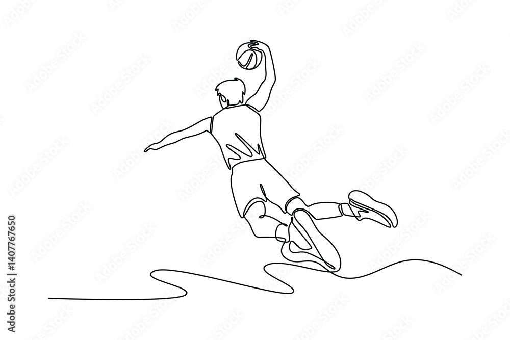Poster continuous one line drawing back view of professional basketball player in sport clothes jumping and