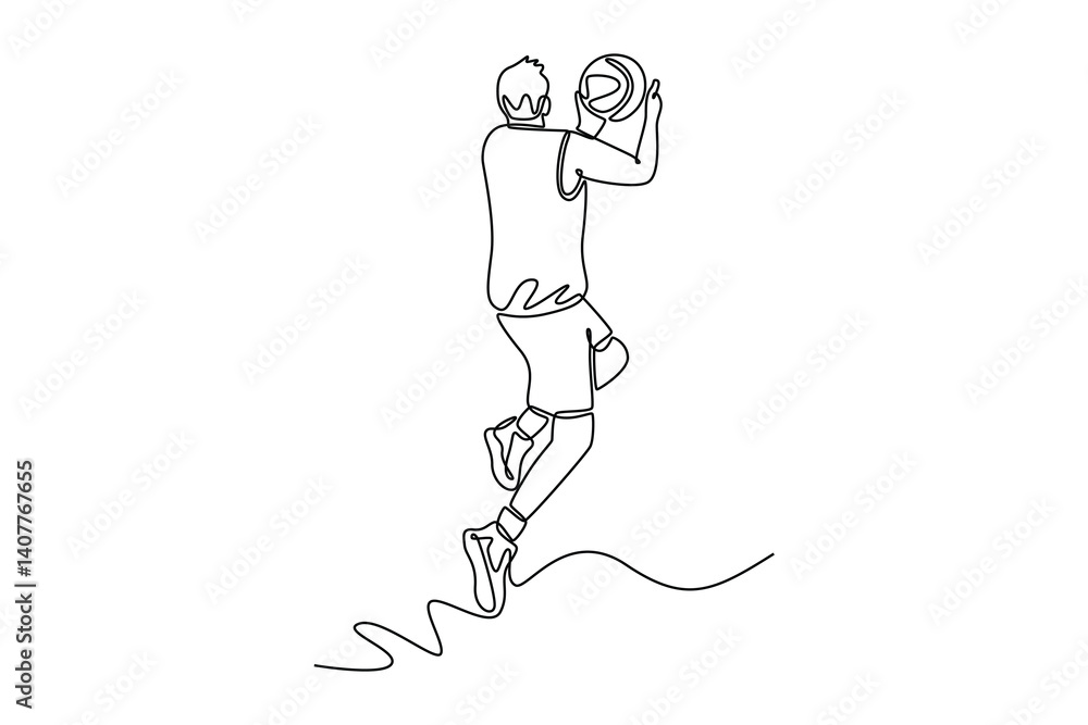Poster continuous one line drawing professional basketball player in sport clothes jumping and making lay u