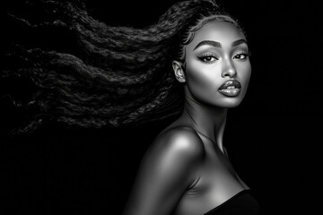 A black and white photo of a woman with long hair