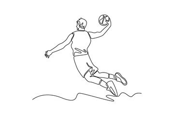 Continuous one line drawing back view of basketball player makes slam dunk on big professional arena during the game. Players wearing sport uniform. Single line draw design vector graphic illustration