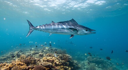 Fototapeta premium Majestic Wahoo Soaring Through Vibrant Coral Reef