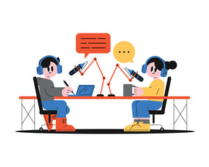 Podcast recording in the studio with two hosts and microphones