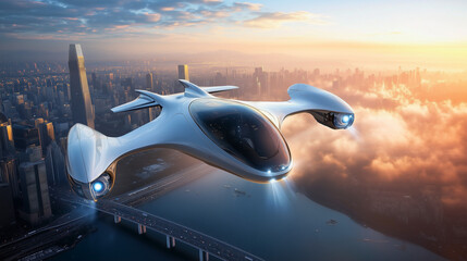 Fototapeta premium 近未来の最新の移動タクシー、夢の空飛ぶ車をイメージ/The latest mobile cab of the near future, the image of the flying car of your dreams.