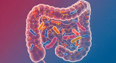 Gut health and microbiome illustration showing bacteria in the digestive system for wellness concepts