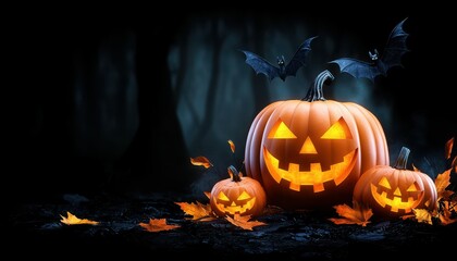 Naklejka premium Spooky Halloween scene with glowing jack-o'-lanterns and bats in the dark.