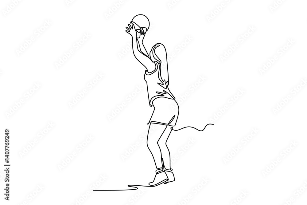 Poster continuous one line drawing back view of woman basketball player in sport uniform doing jump shot fo