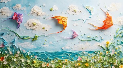 A serene green space in full bloom, where pastel-colored kites swirl in the air, each element carefully crafted in a delicate paper-cut relief technique for a mesmerizing springtime illustration.