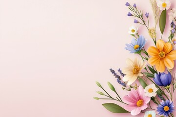 Naklejka premium A vibrant array of colorful flowers on a soft pastel background.
