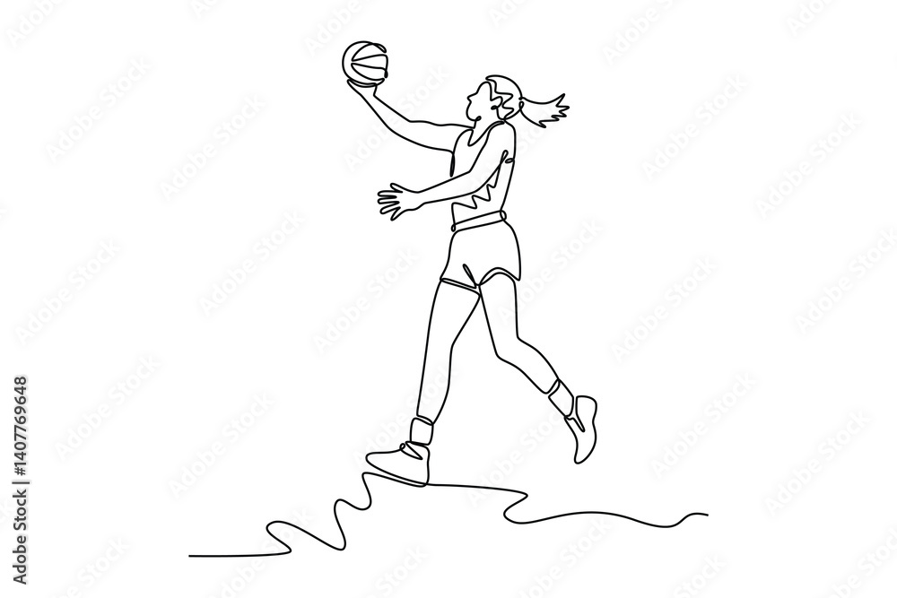 Poster single continuous line drawing woman basketball player in sport clothes jumping and making lay up fo