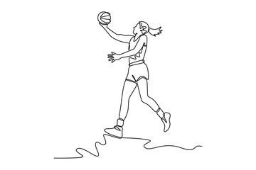 Single continuous line drawing woman basketball player in sport clothes jumping and making lay up for scoring point while training on playground court. One line draw graphic design vector illustration