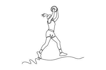 Single continuous line drawing beauty professional woman basketball player in sport clothes jumping and making dunk while training on playground court. One line draw graphic design vector illustration