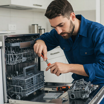 technician man repairing dishwasher