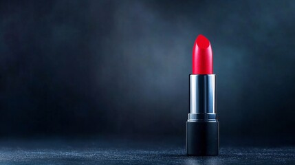 Crimson lipstick stands out against a dark backdrop.