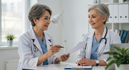 Two senior doctors discuss patient charts bright office healthcare collaboration warm smiles