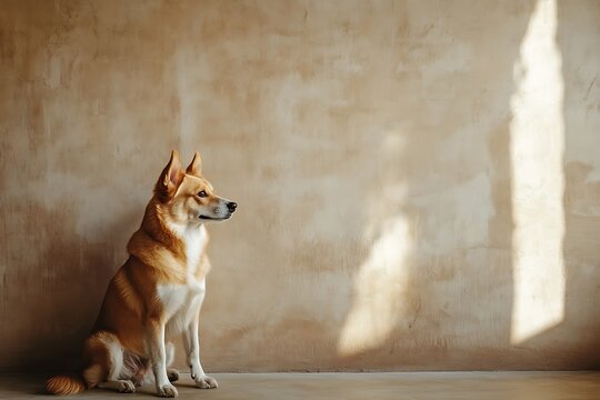 a loyal dog sitting near wall