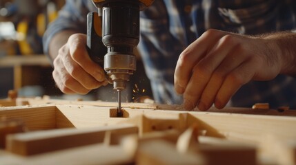 Carpenter drilling holes in wooden frame. Featuring precision and craftsmanship