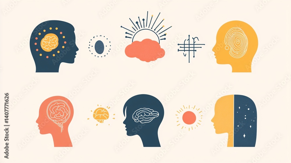 Poster Human heads representing different thinking processes and ideas