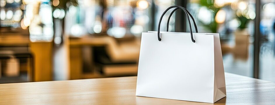 Empty shopping bag on a table in a modern retail store showcasing contemporary design and simplistic elegance on a bright day