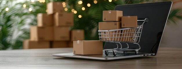Online shopping experience with a shopping cart and packages on a laptop, highlighting convenience in e-commerce at home