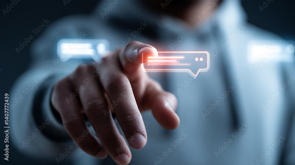 Poster man interacting with digital messaging hologram engaging communication technologies and metaverse so