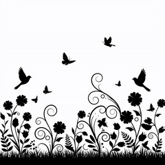 Elegant Black and White Floral Design with Birds and Butterflies Nature-Inspired Silhouette Illustration