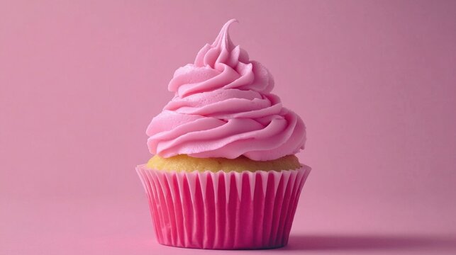 A Beautiful Pink Cupcake with Swirls of Frosting Against a Soft Pink Background Ideal for Celebrations, Parties, or Dessert Menus in Culinary Photography