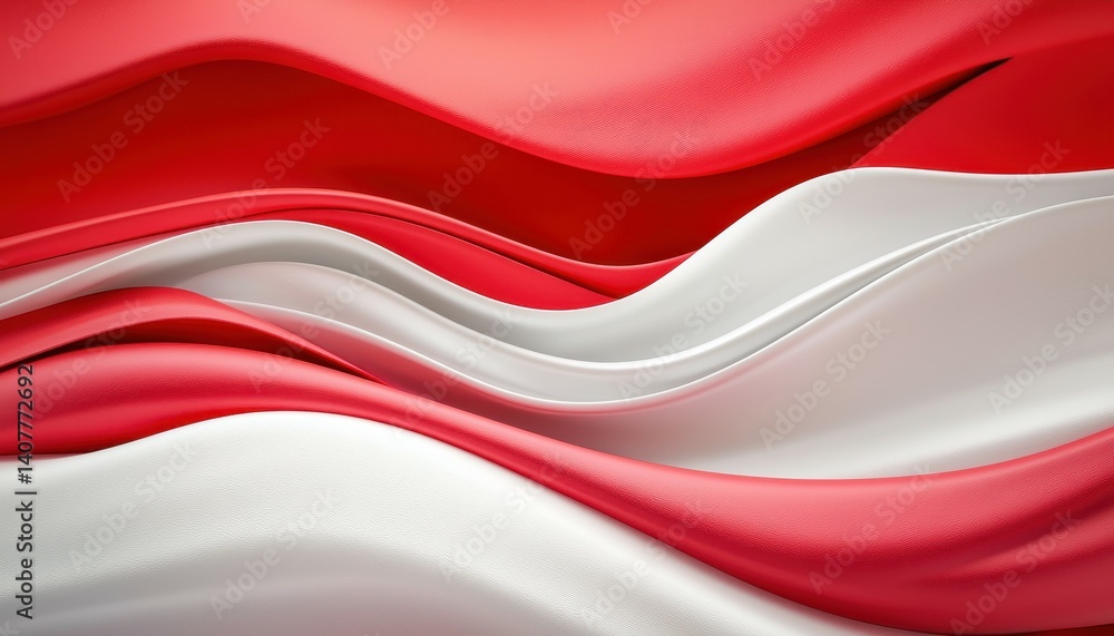 Poster flowing red and white abstract fabric waves creating a dynamic design.