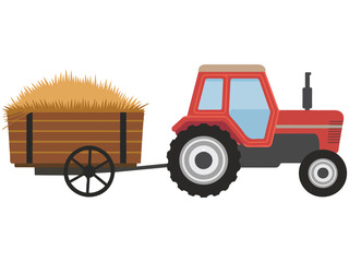 Obraz premium red tractor wooden trailer straw isolated vector illustration on white background