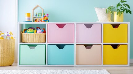 A vibrant kids playroom with a colorful toy storage unit, bright decor and fun vibes,