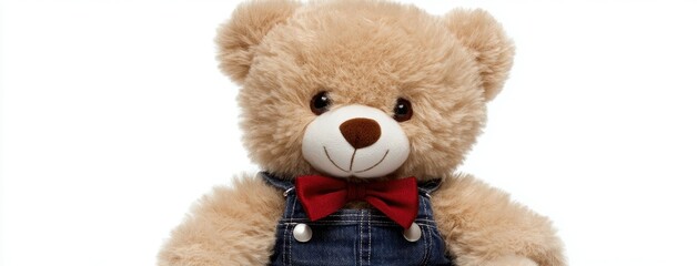 Obraz premium Cute brown teddy bear dressed in denim overalls with a red bow tie, perfect cuddle companion for children and a delightful addition to any nursery