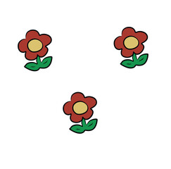 Illustration of three simplistic cartoon red flowers with green leaves arranged against a white background. Ideal for playful, nature-themed designs or children's educational material.