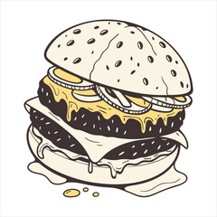 minimal, flat-style vector illustration of a juicy cheeseburger with double patties, melted cheese, and a sesame seed bun 