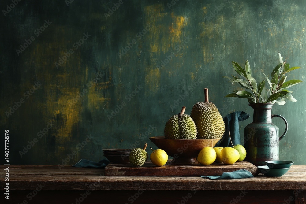 Poster striking arrangement of durians and lemons on a rustic table with a dark green backdrop showcasing n