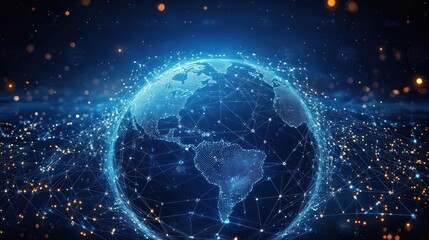 Fototapeta premium Futuristic Network Connected Earth Digital Art with Blockchain and Cryptocurrency Concept