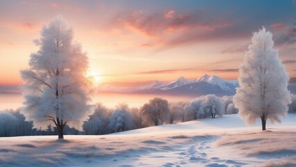 A picturesque snowy landscape with sparkling frosted trees and a soft winter sunset. An ideal wallpaper for seasonal promotions, holiday ads, or creating a warm, festive vibe for winter