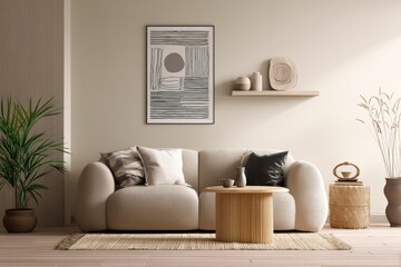 Scandinavian living room flat illustration with beige linen sofa, pale oak side table and abstract monochrome wall art for interior decor concepts